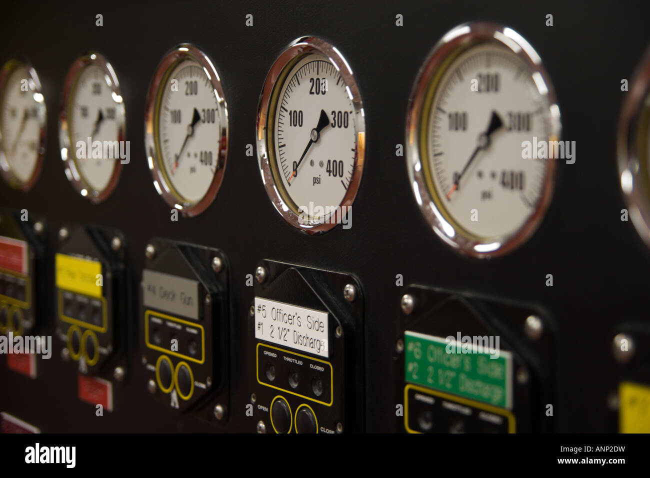 Fire engine hose outlet pressure gauges Stock Photo Alamy