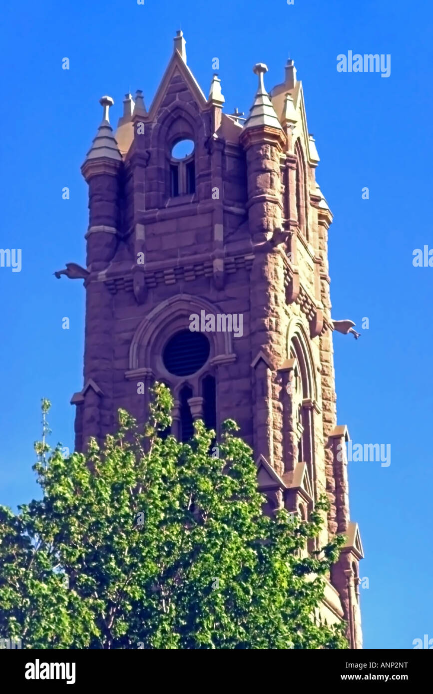 The gothic looking tower of the catholic 'Cathedral of the Madeleine' located near downtown Salt Lake City, Utah in the USA. Stock Photo