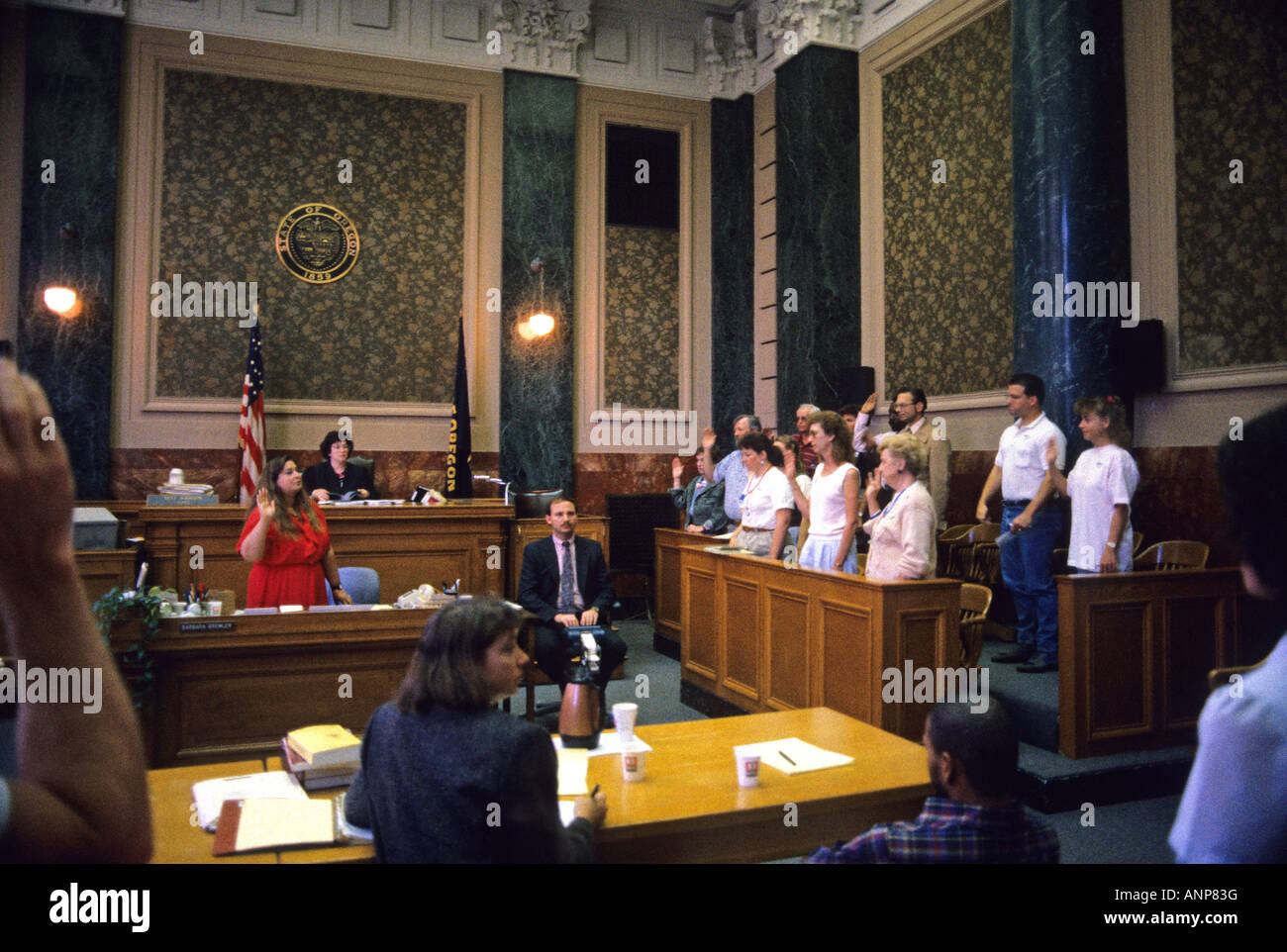 Jury being sworn in at a courtroom in Portland Oregon Stock Photo
