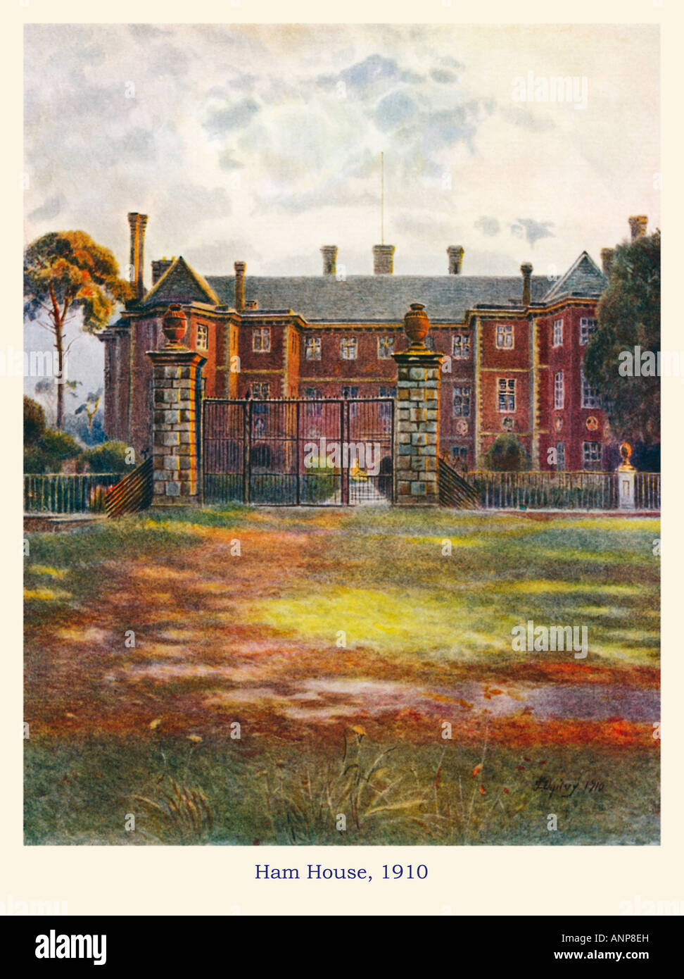 Ham House 1910 watercolour of the Jacobean mansion seat of the Earls of Dysart on the Surrey bank of the River Thames opposite Richmond Stock Photo