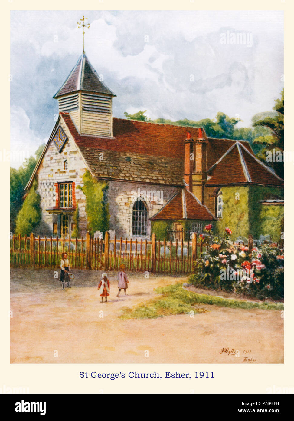 St Georges Church Esher 1911 watercolour of the 16th Century church in the North Surrey village Stock Photo