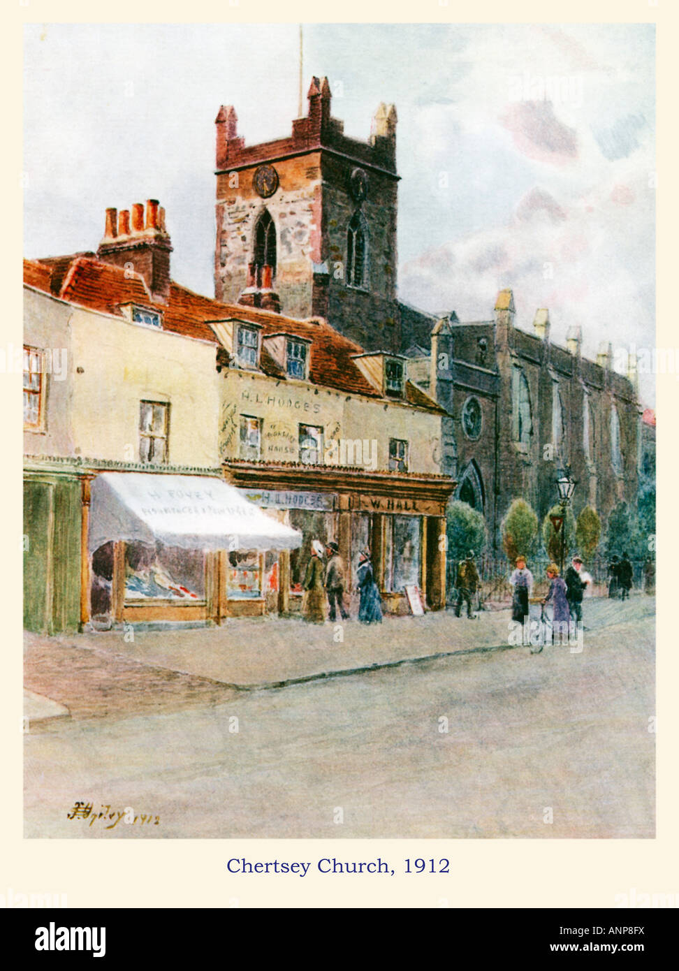 Chertsey Church 1912 watercolour of the High Street in the Surrey Thames side town Stock Photo