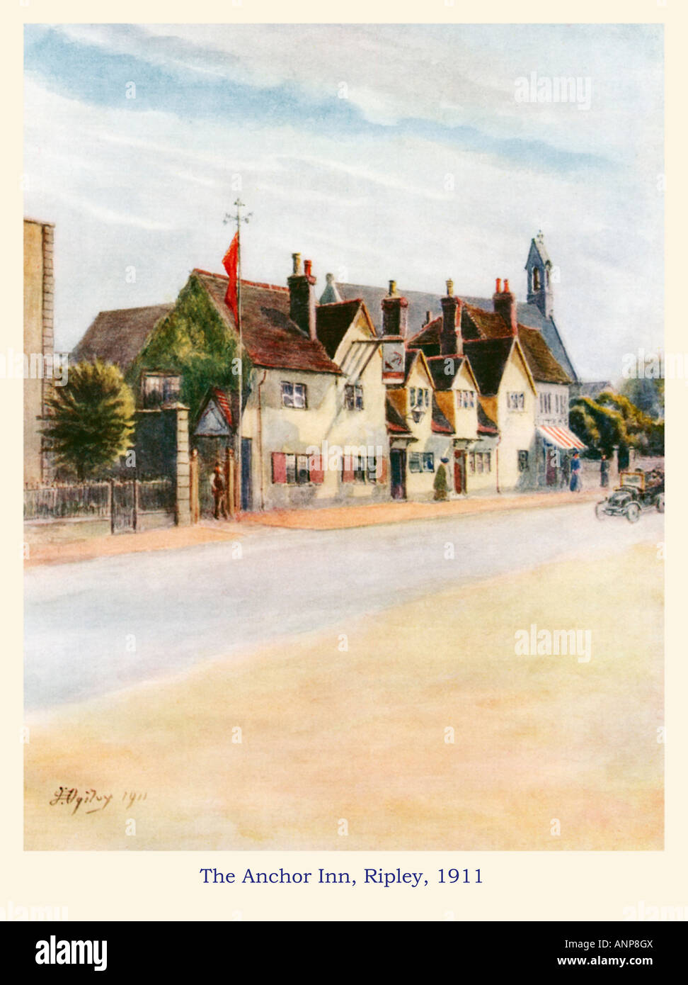 The Anchor Inn Ripley 1911 watercolour of the public house in the