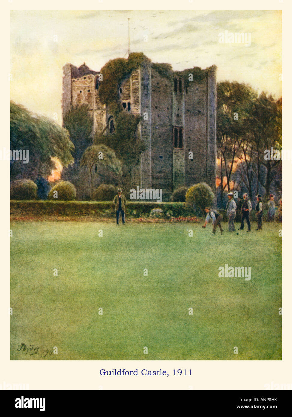 Guildford Castle 1911 watercolour of the bowls green by the ruined guardian of the Surrey County town Stock Photo