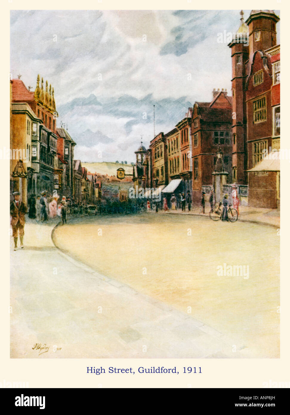 High Street Guildford 1911 watercolour of the view down the main road