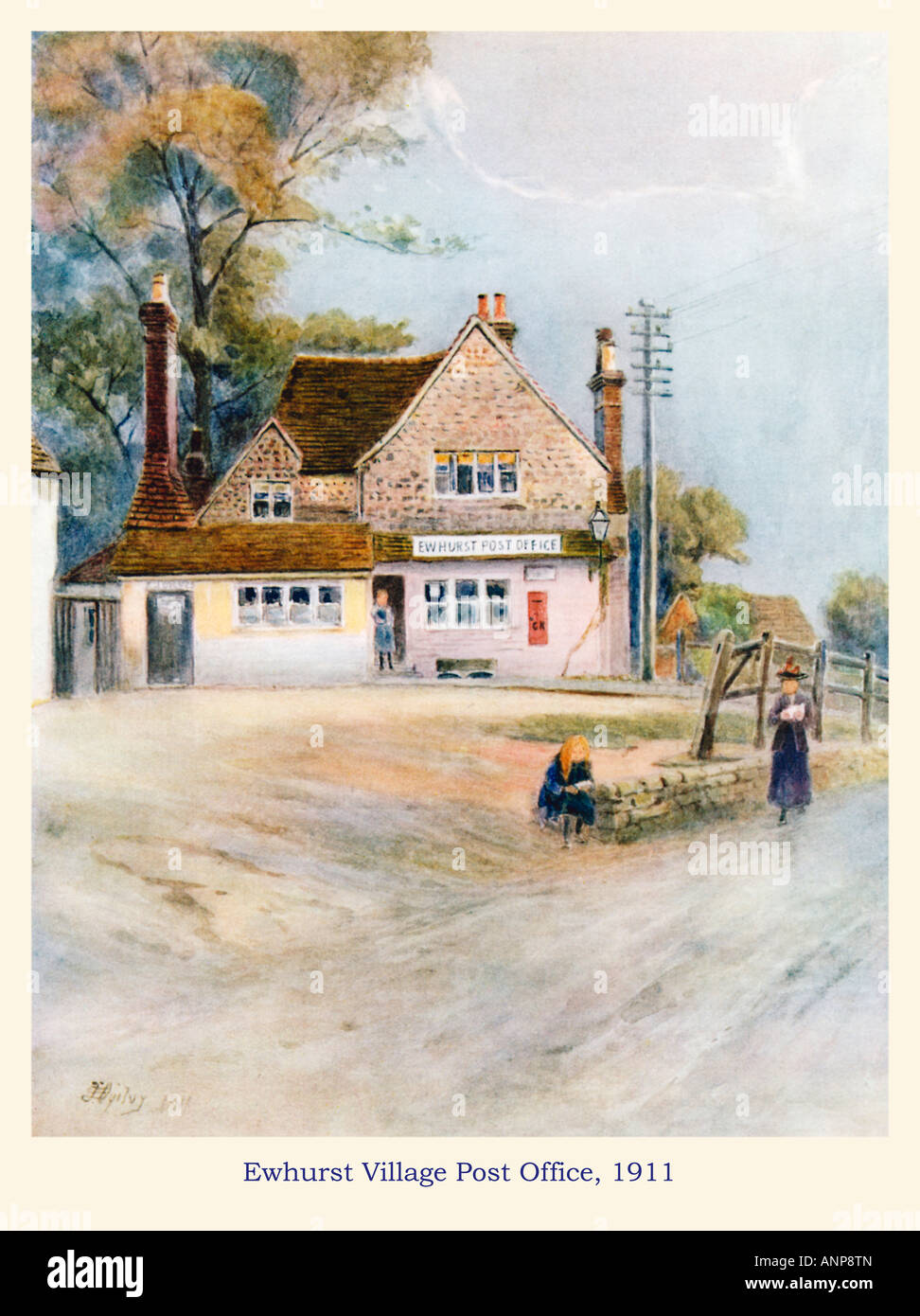 Ewhurst Village Post Office 1911 watercolour of the building formerly the long established Bull Inn Stock Photo