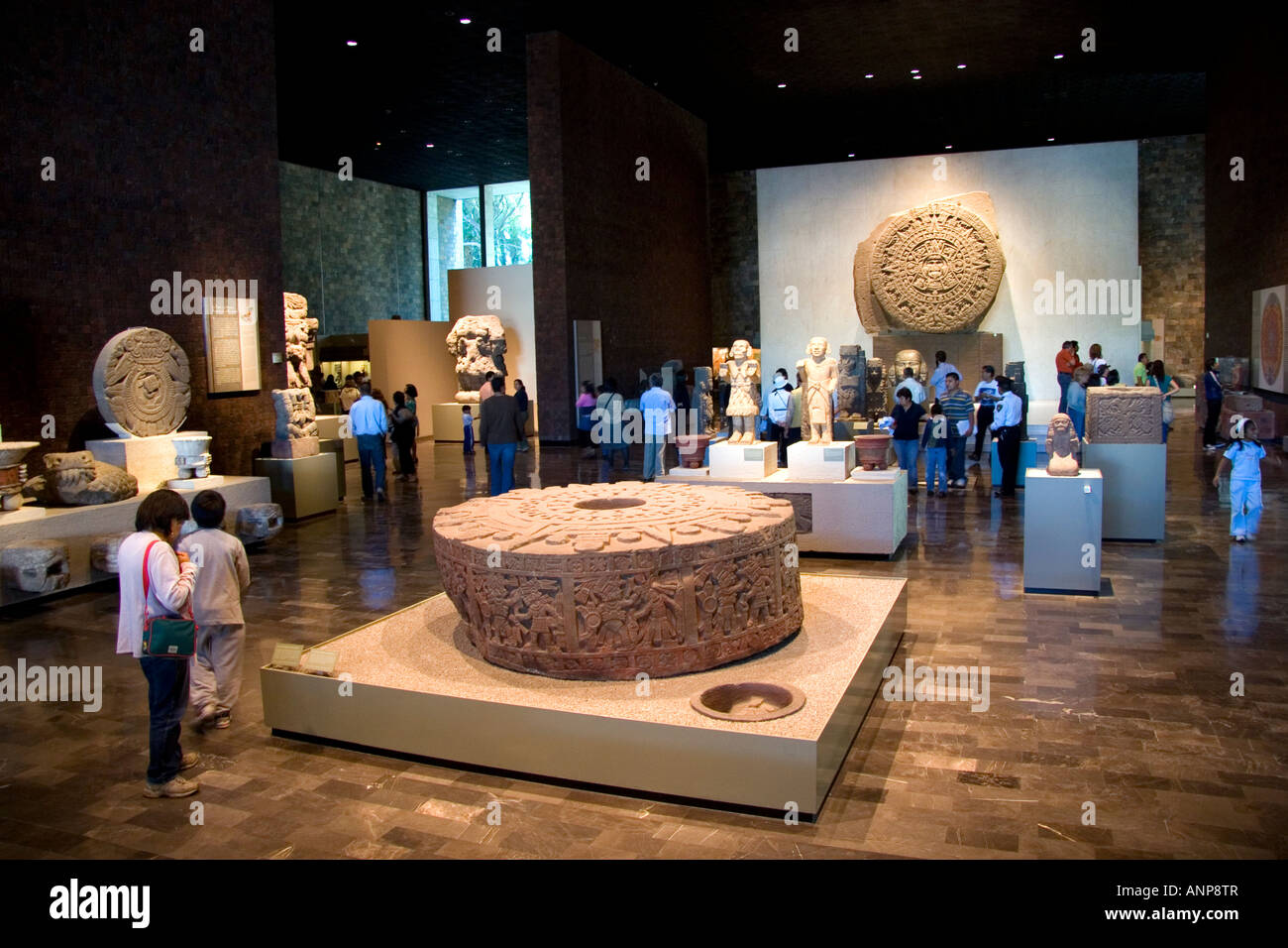 The Aztec Stone of the Sun and other artifacts on display at the National Museum of Anthropology in Mexico City Mexico Stock Photo