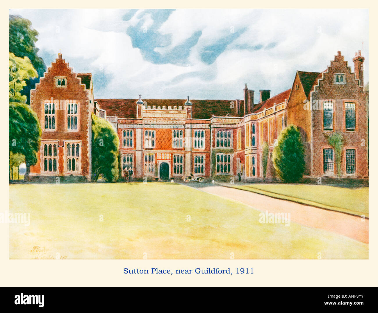 Sutton Place 1911 watercolour of the Tudor Surrey mansion built in the 1520s by the Weston family later owned by Getty Stock Photo