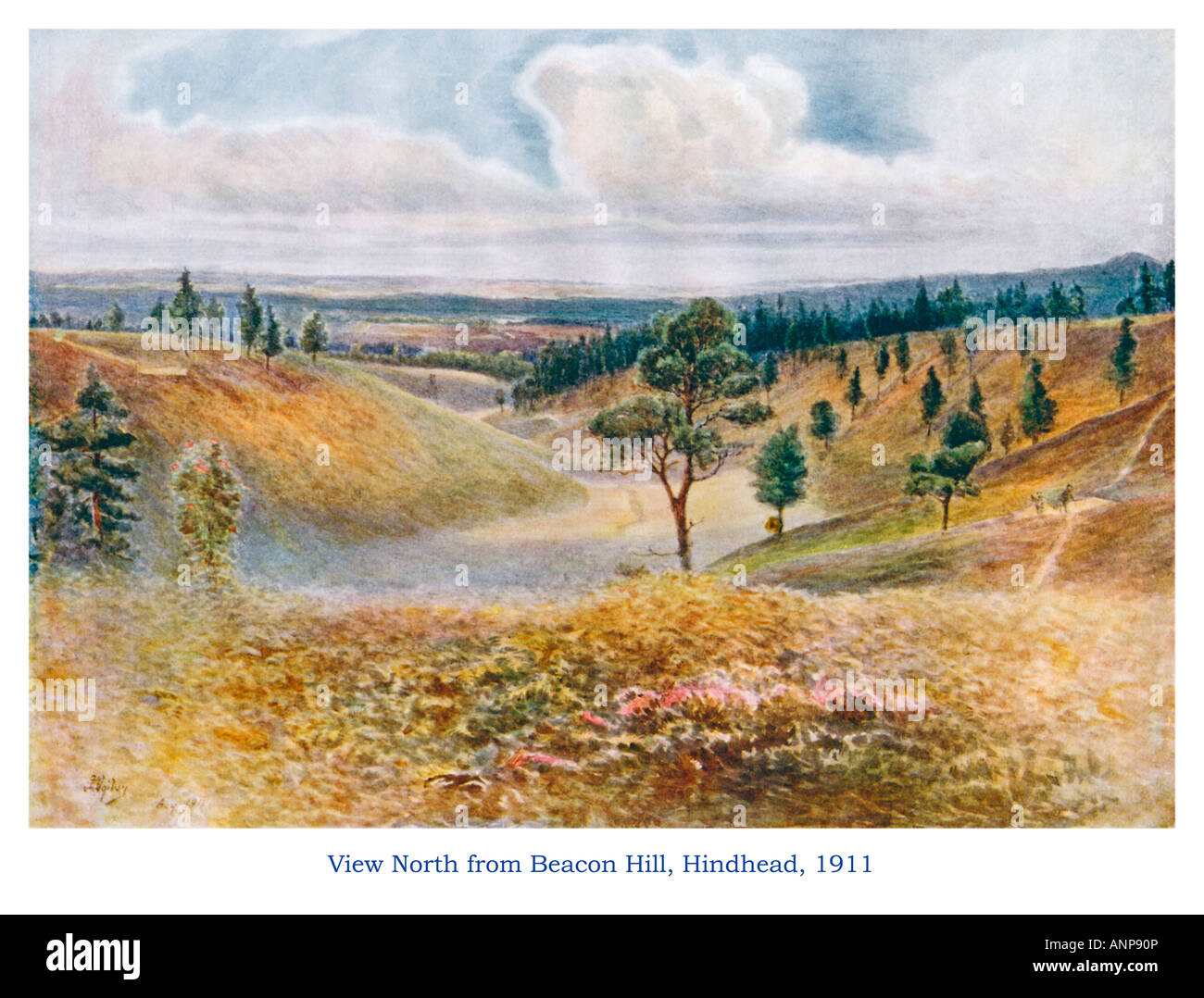 View from Beacon Hill Hindhead 1911 watercolour of the landscape looking North towards Aldershot at the Devils Punchbowl Stock Photo