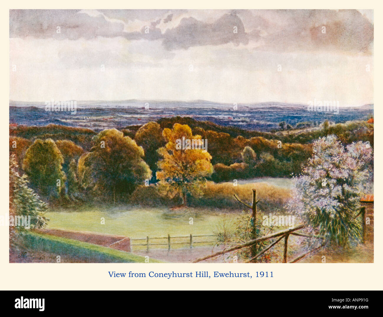 View From Coneyhurst Hill Ewehurst 1911 watercolour of a typical view across the Surrey countryside Stock Photo