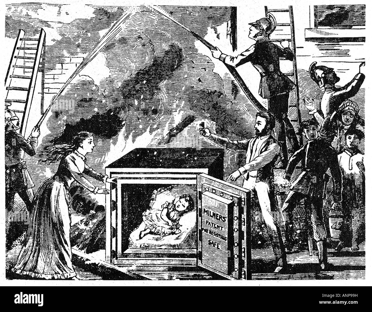 Milners Fire Proof Safe 1865 advert somewhat fanciful for the American iron safe Stock Photo