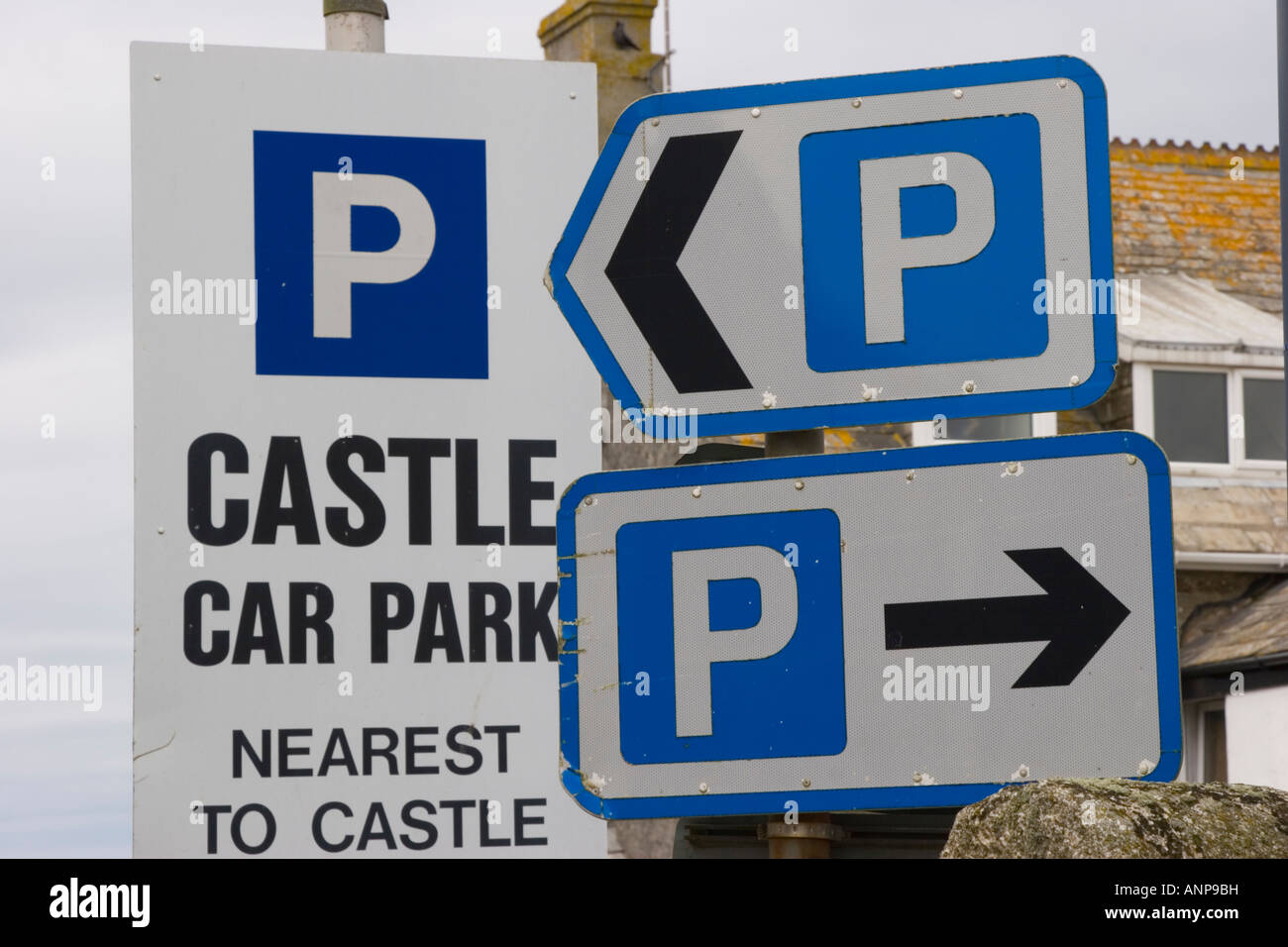 Signs advertising multiple car parks available Stock Photo