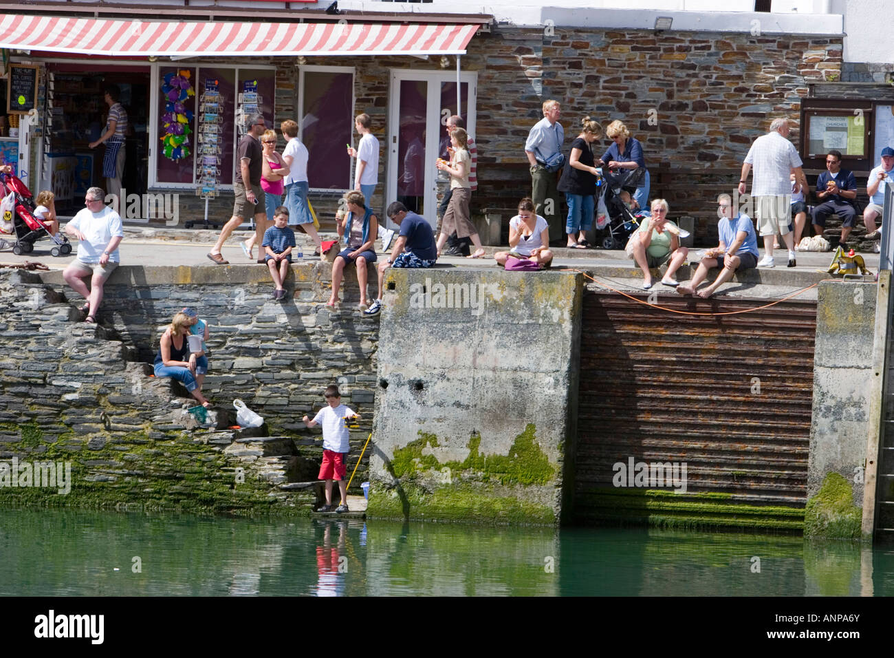 Crabbing on the steps of Padstow harbour in north Cornwall Stock Photo Alamy