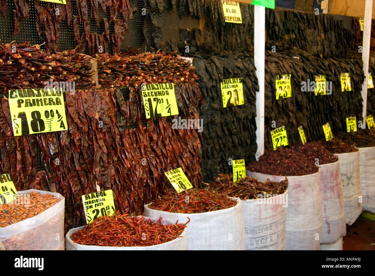 Dried peppers being sold at the Merced Market in Mexico City Mexico Stock Photo