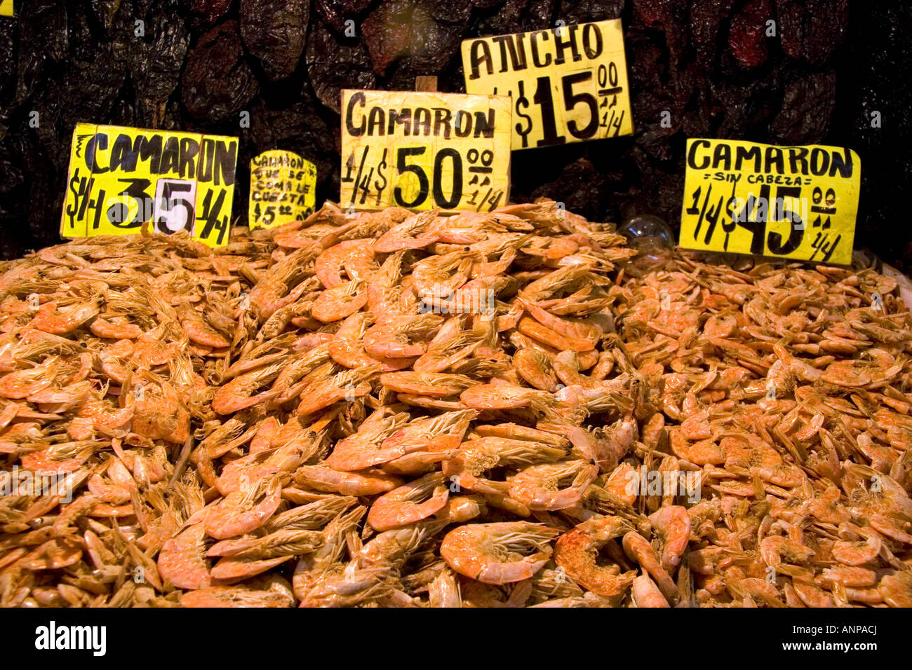 Dried shrimp and dried ancho chilis being sold at the Merced Market in Mexico City Mexico Stock Photo
