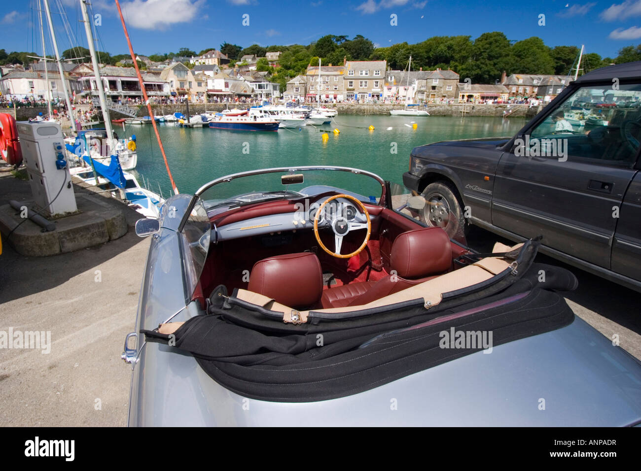 Classic porsche sports car parked on the quay in Padstow Stock Photo
