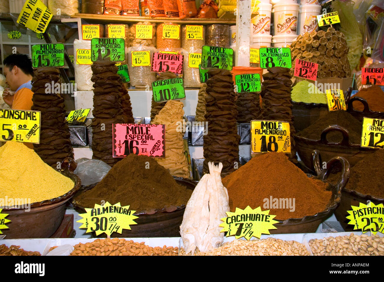 Mole pastes and powders being sold at the Merced Market in Mexico City Mexico Stock Photo