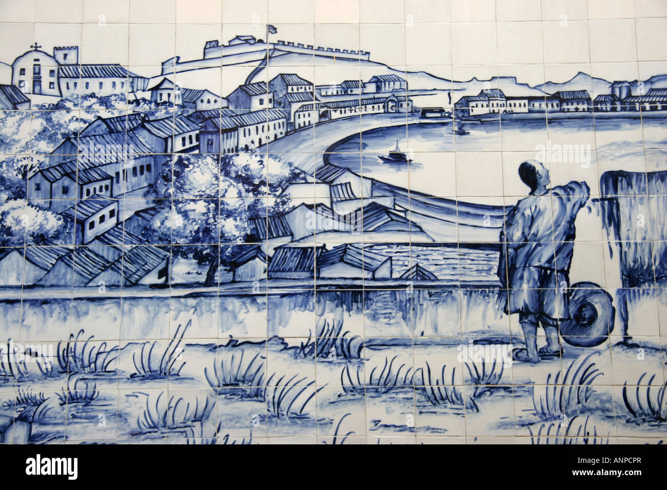 Blue and white portuguese colonial tiles in street in Macau China Stock Photo