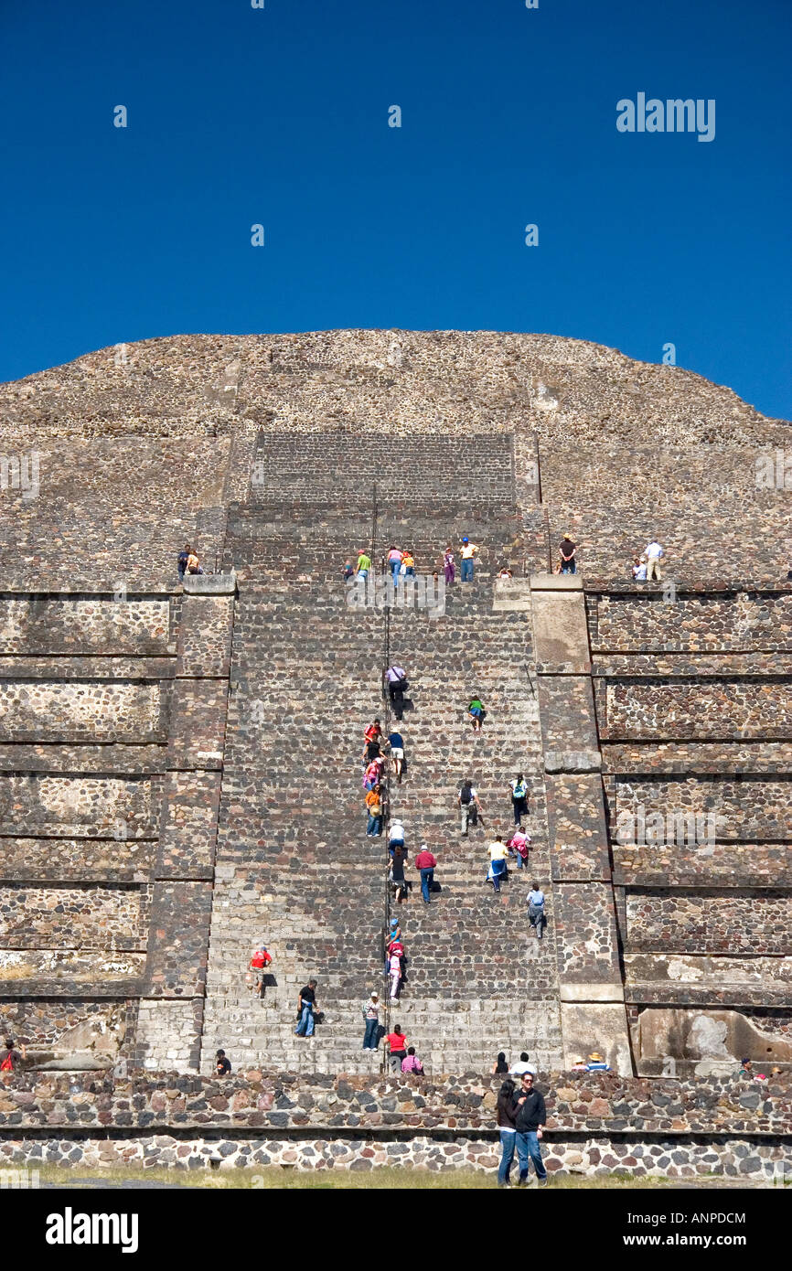 Tourists visit the Pyramid of the Moon at Teotihuacan in the State of Mexico Mexico Stock Photo