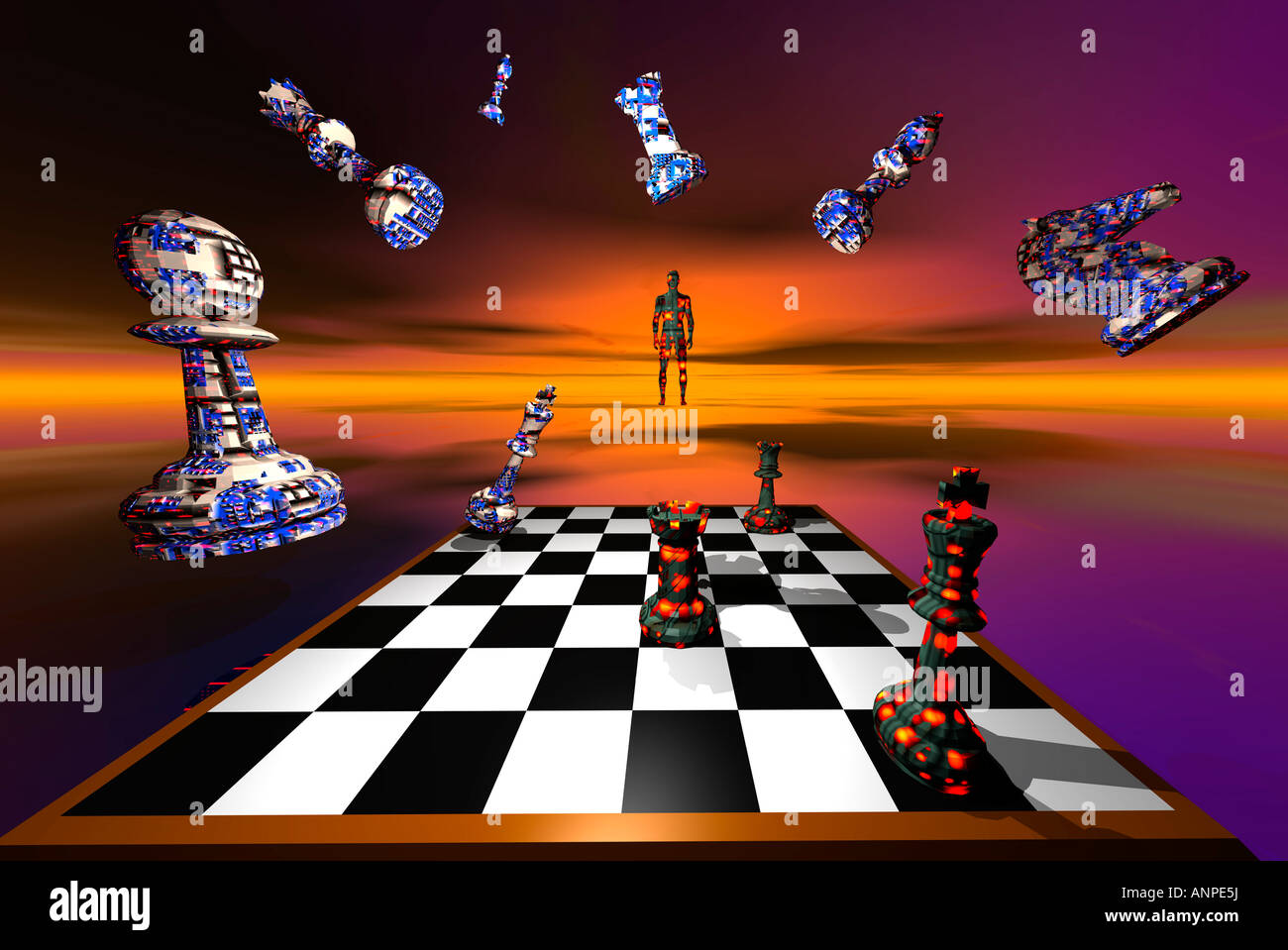 A 3D Conceptual Image Of A Computerized Game Of Chess. Stock Photo