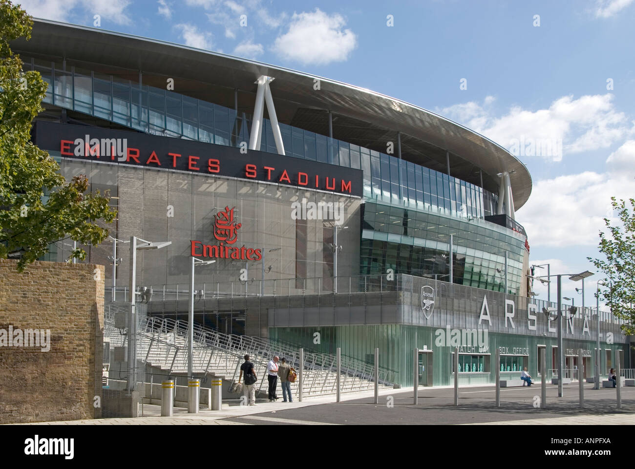 Steps up from the ticket office & Armoury shop selling club merchandise  towards Arsenal FC Emirates Premier League football stadium Holloway London  UK Stock Photo - Alamy