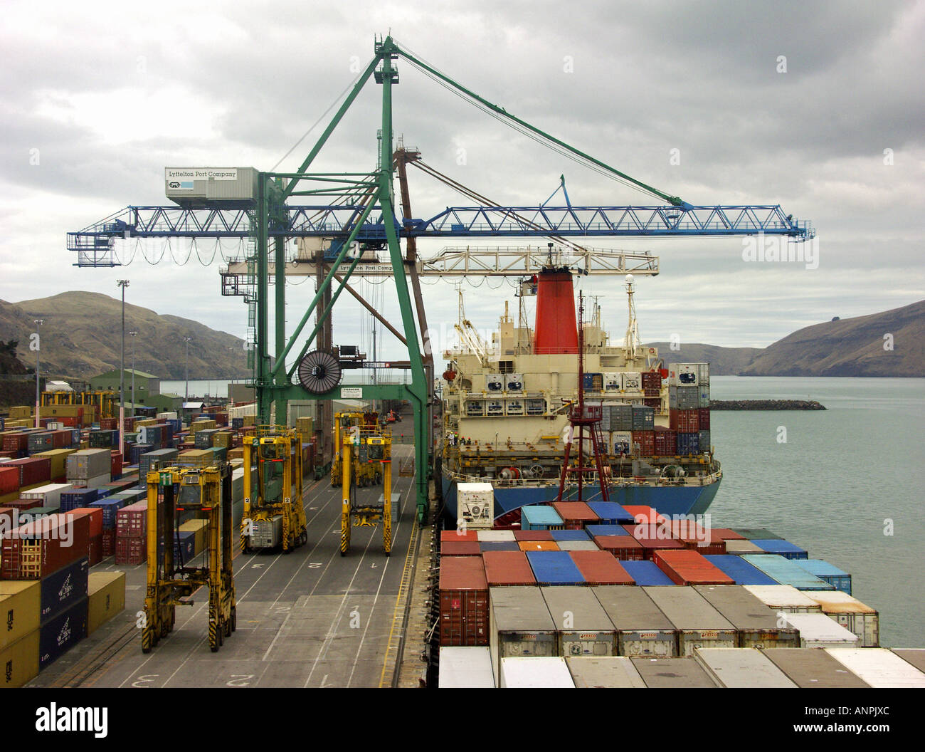 View from bridge of a container ship berthed at Lyttelton New Zealand Stock Photo