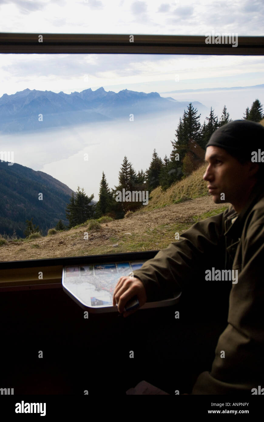 Mountain Train between Montreux and Rochers de Naye Peak ALPS Switzerland Stock Photo