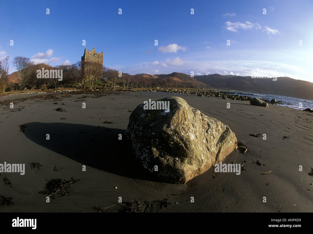 Beach Bolder Castle Moy Lochbuie Isle of Mull Stock Photo