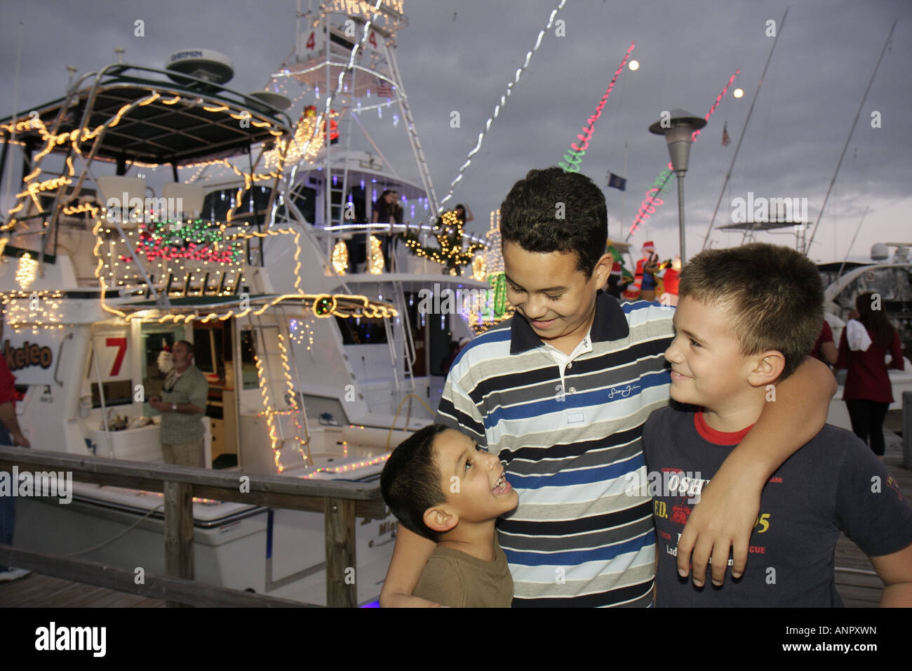 Miami Florida,Watson Island,Biscayne Bay water,Annual Holiday Boat Parade,Christmas event,decoration,decorations,Hispanic Latin Latino ethnic immigran Stock Photo
