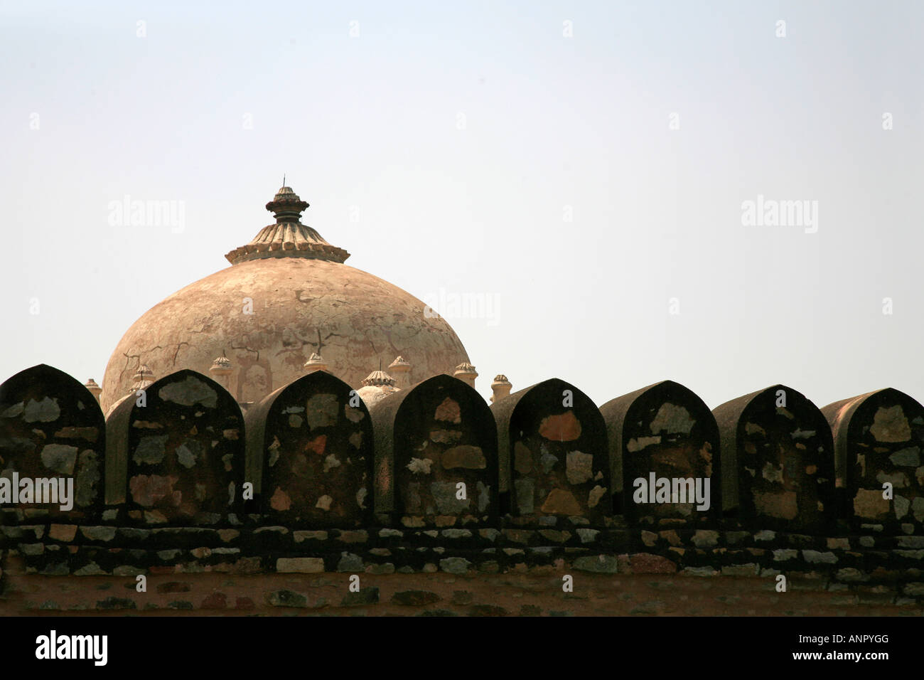 Architectural details and historic shapes of dome and stone wall of Humayun's Tomb complex, UNESCO World Heritage site, Delhi, India Stock Photo