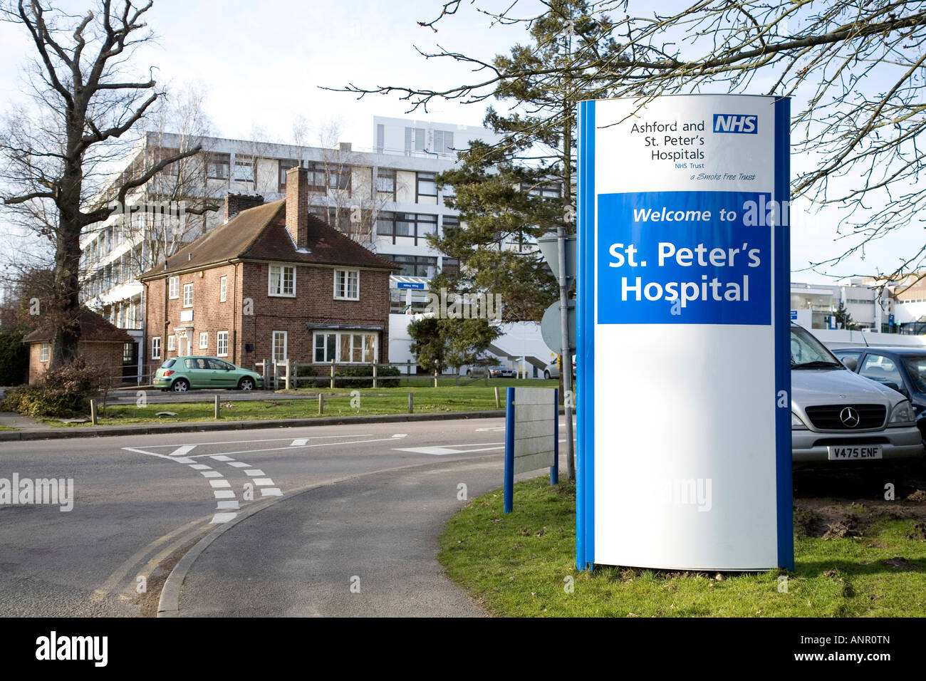 Sign at entrance to Ashford and St Peters Hospital Surrey Shot March