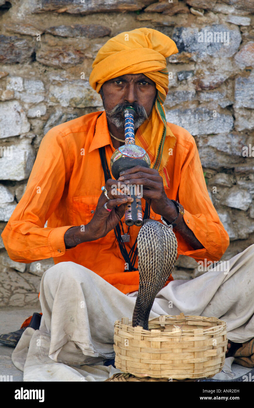 An Indian snake charmer with his Cobra playing flute Stock Photo
