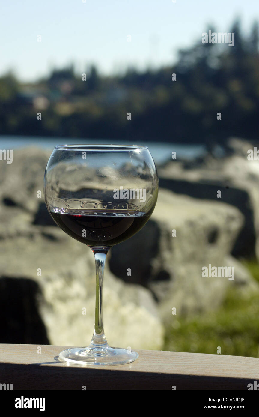 Washington San Juan Islands A glass of red wine with rocks and the sea beyond on Lummi Island Stock Photo