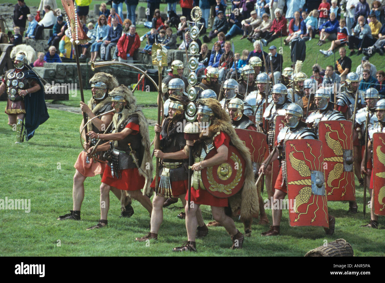 Men dressed as Roman Soldiers at a public display in Corbridge Northumberland England Stock Photo