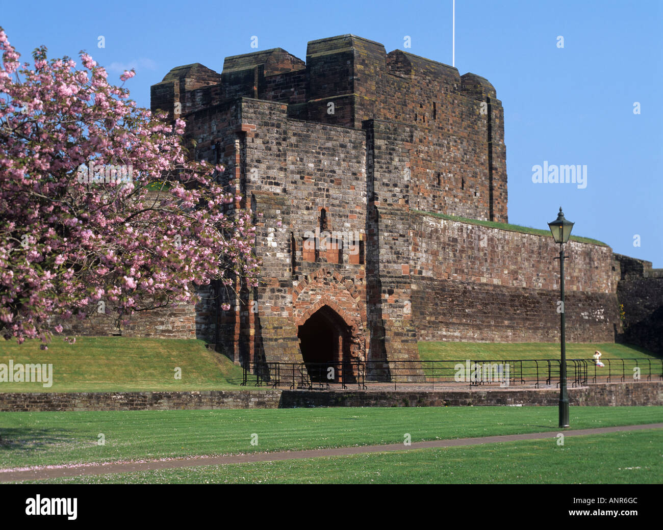 Carlisle Castle in Carlisle, Cumbria, England. Shown in the spring with cherry blossom Stock Photo