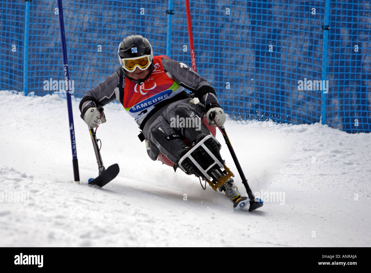 Tatsuko Aoki of Japan in the Womens Alpine Skiing Slalom Sitting competition Stock Photo