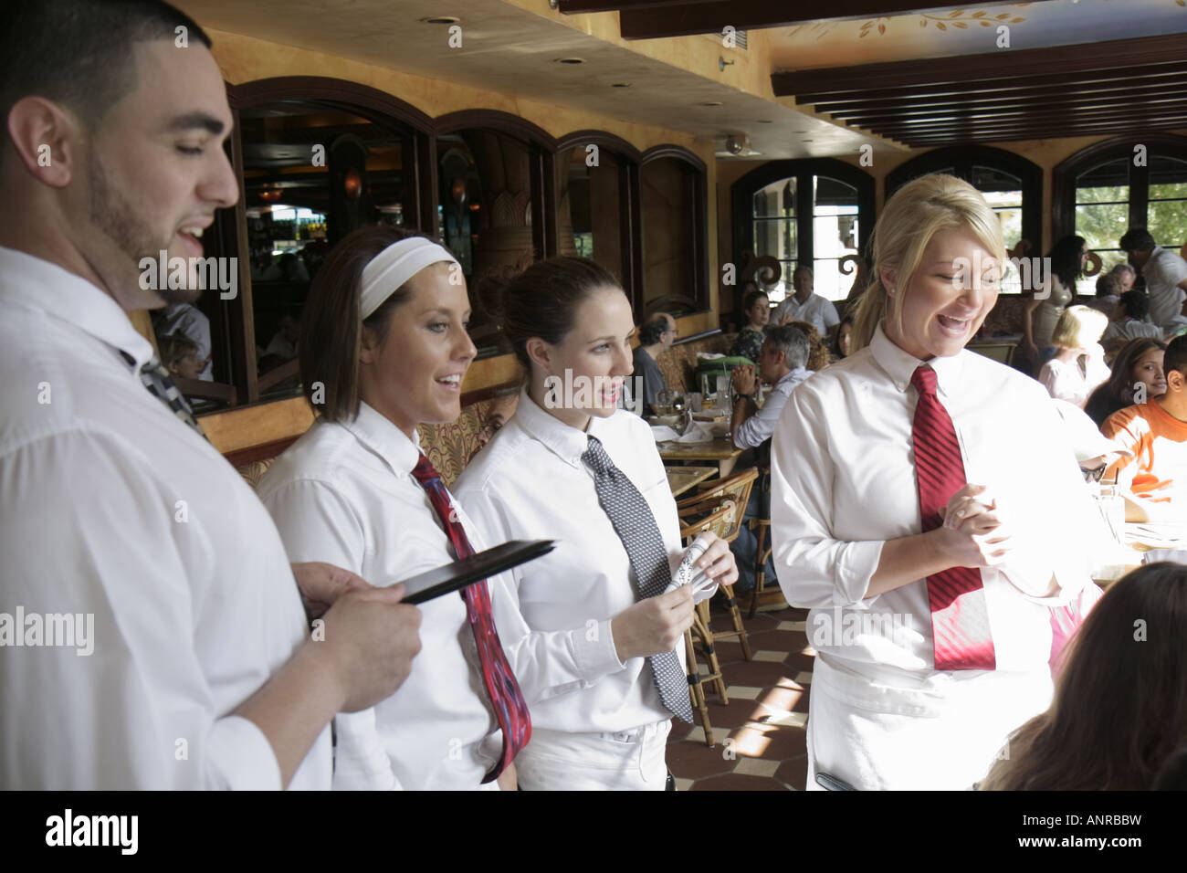 Miami Florida,Coconut Grove,CocoWalk,Cheesecake Factory,restaurant restaurants food dining cafe cafes,waiter waiters server employee employees worker Stock Photo