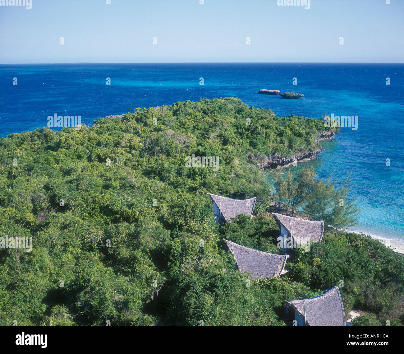 Looking over the forest expanse of Chumbe Island with thatched bandas huts in the foreground Stock Photo