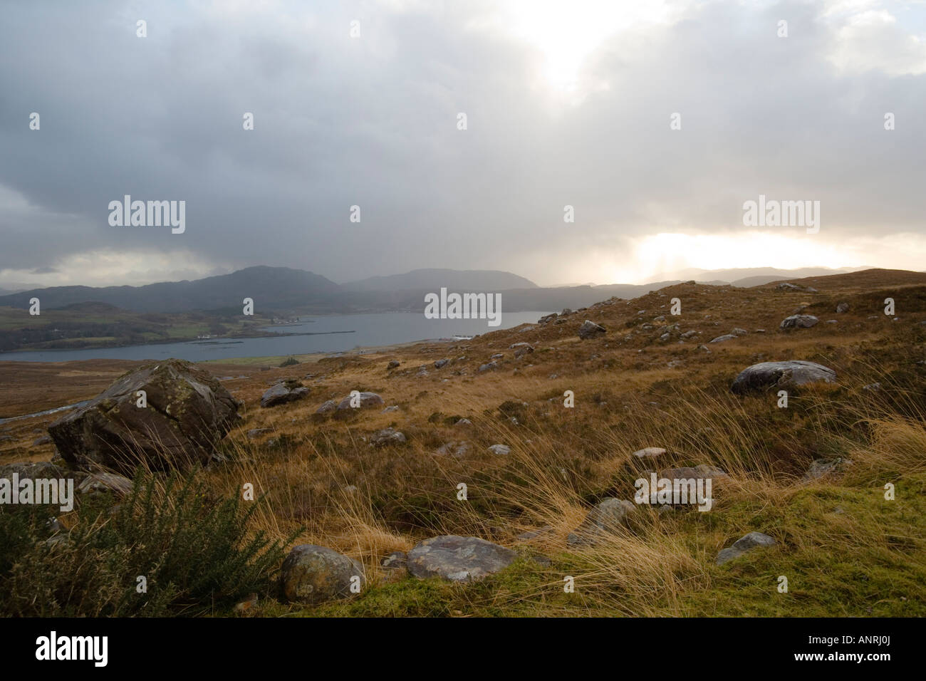 View at Loch Kishorn from Bealach na Ba or Pass of the Cattle. Road to Applecross village. Winter. Wester Ross. Highlands. Stock Photo