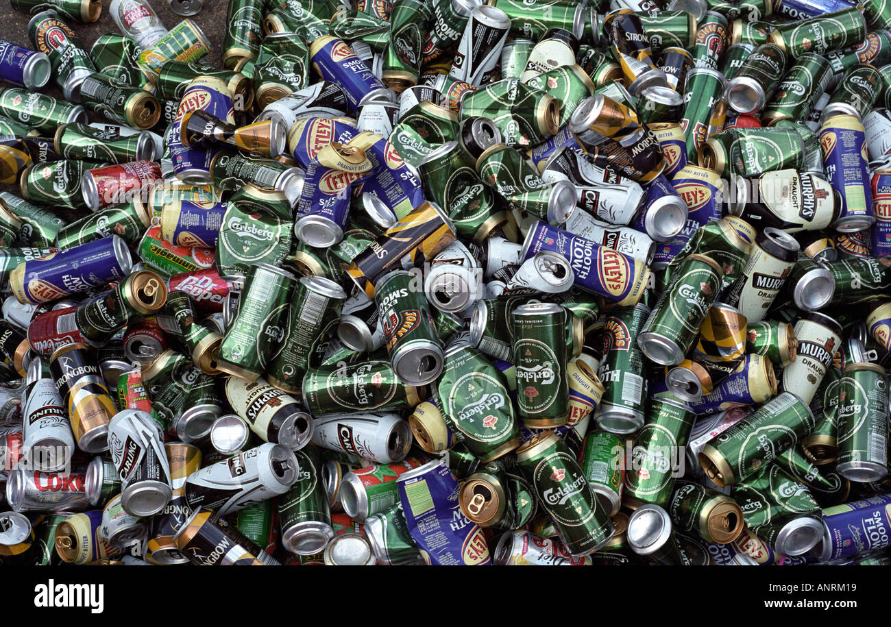 beer cans and soft drink cans all empty awaiting sorting and collection for recycling Stock