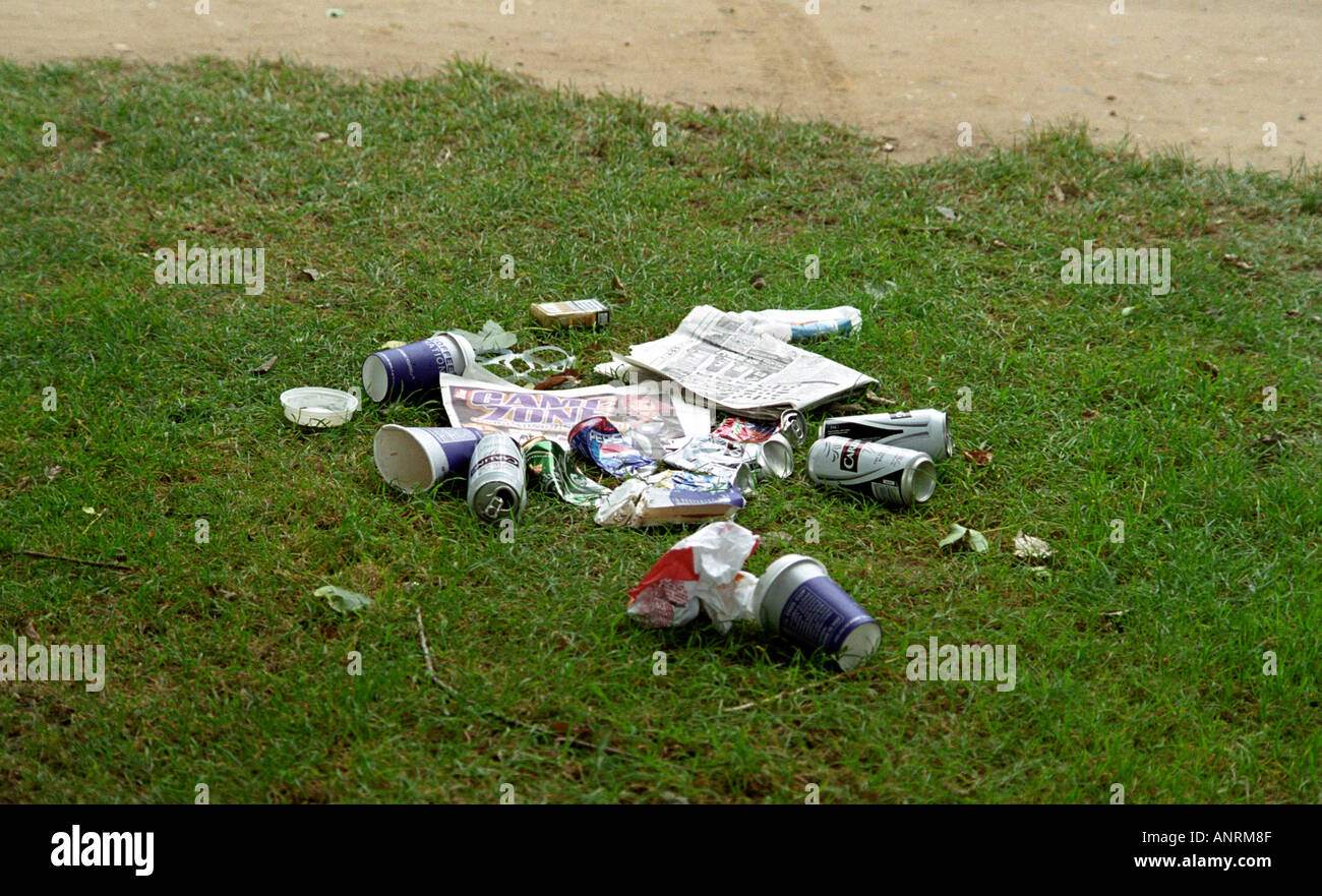 View of rubbish just dumbed on grass parking spot in English park summer 2005 Stock Photo