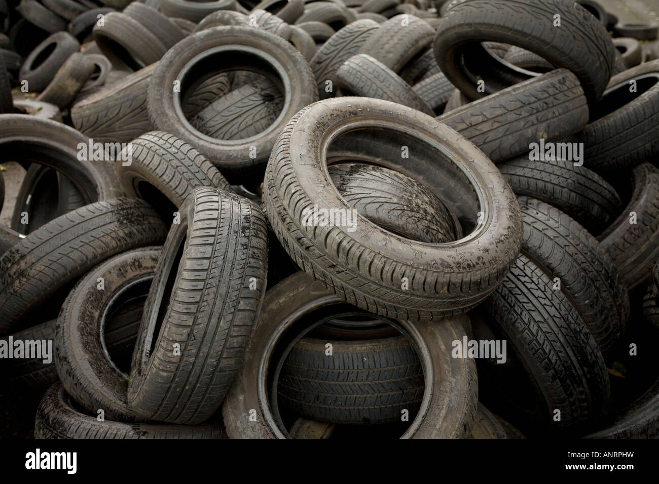 Fly tipping illegal dumping of tyres along the banks of the Clyde in Glasgow Strathclyde Scotland UK Stock Photo