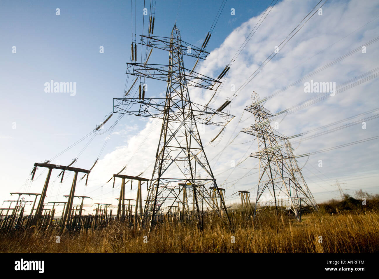 Energy supply electricity sub station near Cambuslang pylons supplying electricity to the central belt of Scotland UK Stock Photo