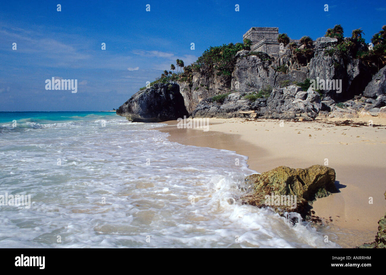 Tulum beach . El Castillo in background . Yucatan, Mexico Stock Photo ...
