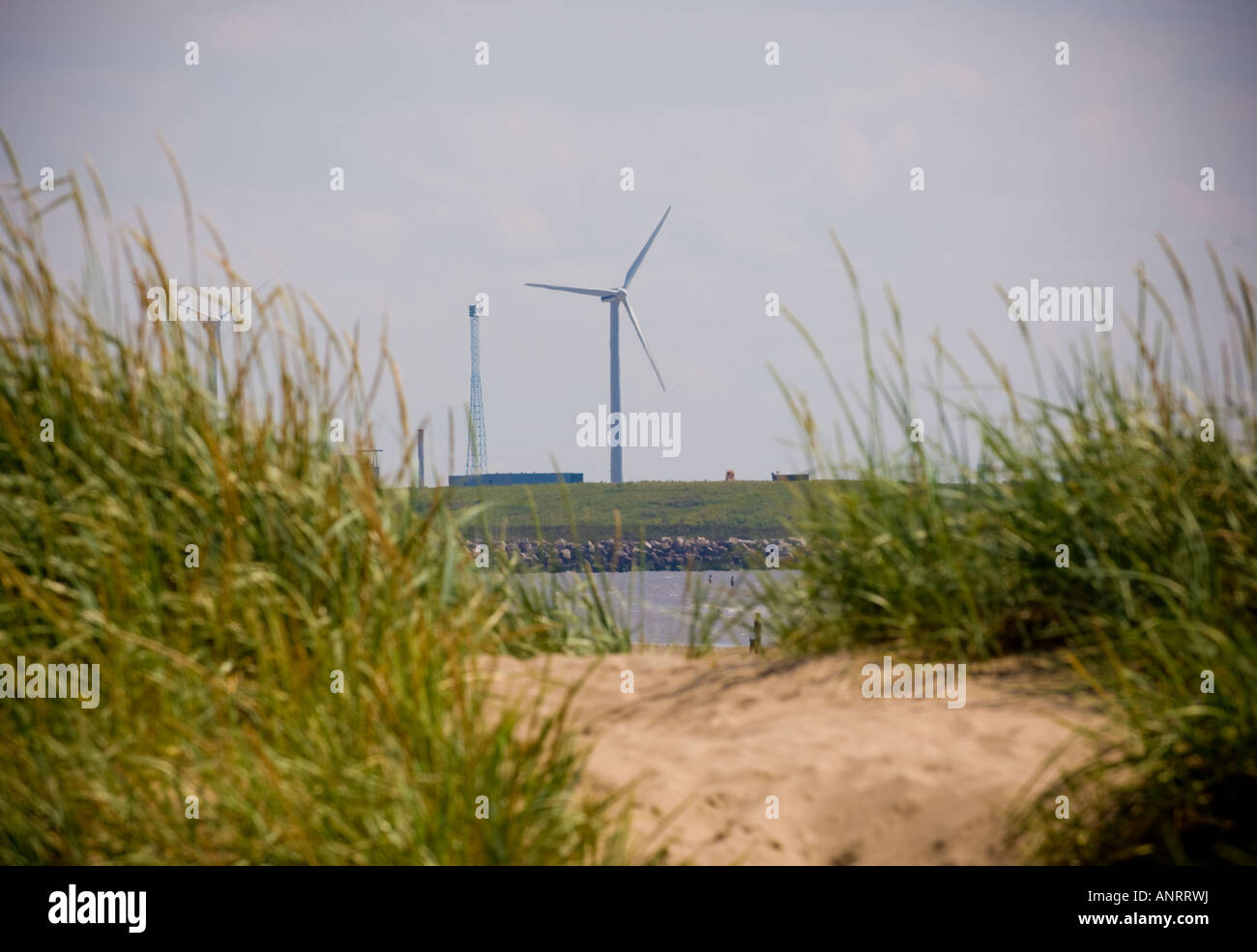 Wind farm at Royal Seaforth Dock with the soft sand of Crosby Beach in the foreground Stock Photo