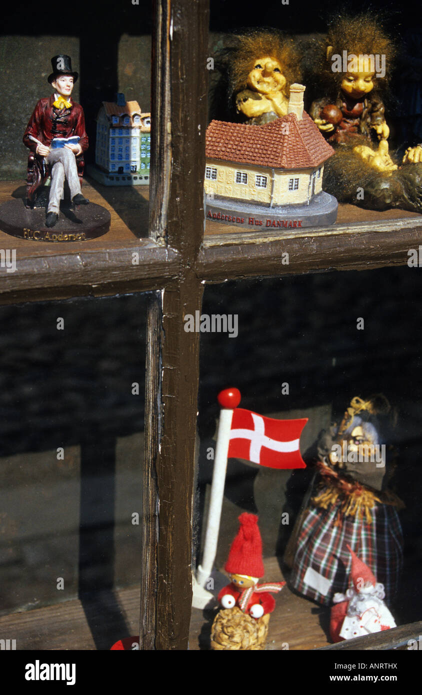Hans Christian Andersen figure in shop window in Odense Denmark Stock Photo