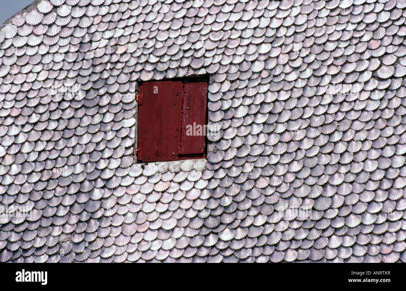 A house facade covered with scallop shells for protection from the elements near Ribeira in Galicia, Spain Stock Photo