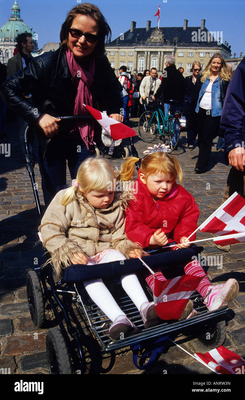 Celebration of 65 anniversary of Queen Margaret in front of Amalienborg Palace COPENHAGEN Denmark Stock Photo