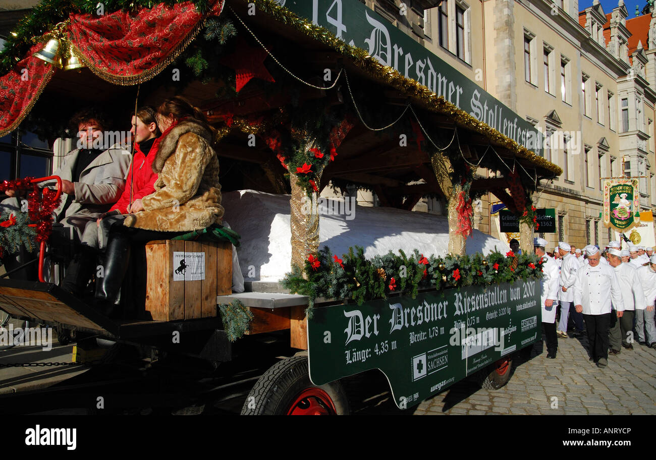 Giant Stollen cake being wheeled through streets of Dresden, Germany Stock Photo