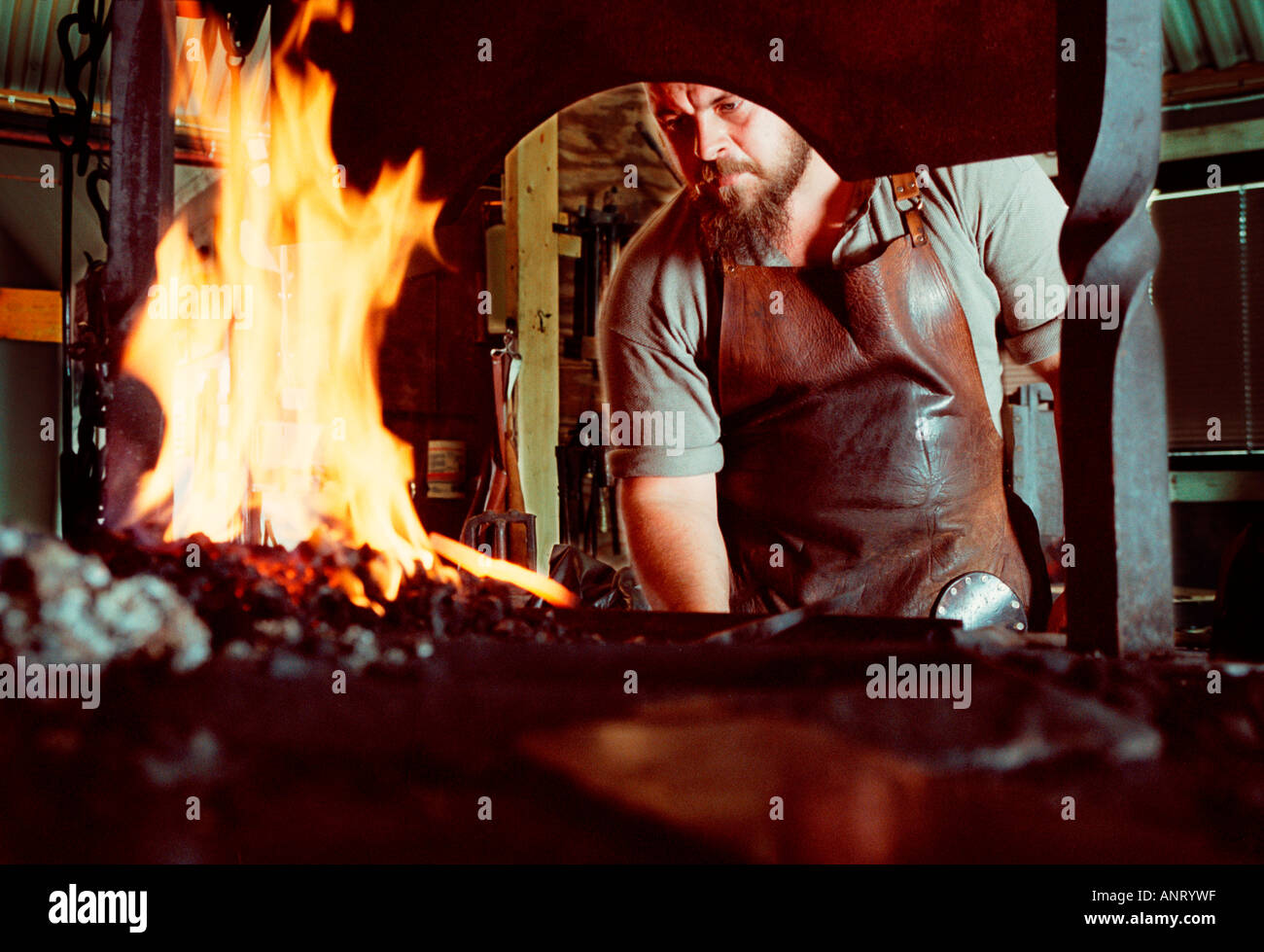 Young Blacksmith working with fire and hammer at the smithy Stock Photo ...